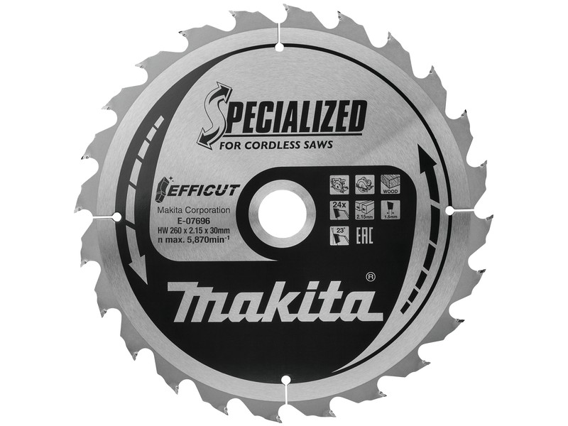 TCT žagin list Makita za les EFFICUT, Dimenzije: 260x2,15x30mm, Zob: 24, E-07696