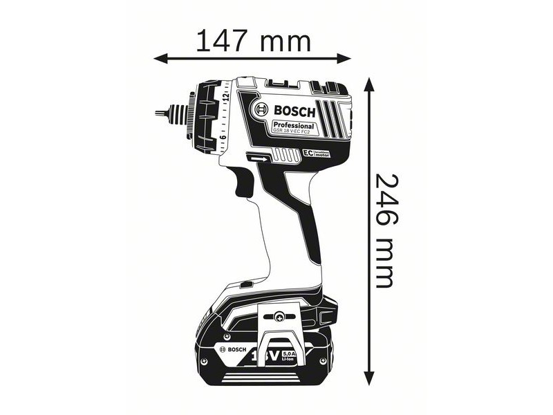 Akumulatorski vrtalni vijačnik z nastavki Bosch GSR 18 V-EC FC2, 18V, 1.5-13 mm, 1.7 kg, 06019E1104