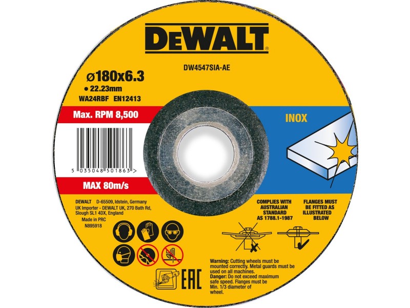 Brusilni disk DeWalt, INOX, dimenzije: 180x6x22,23mm DW4547SIA