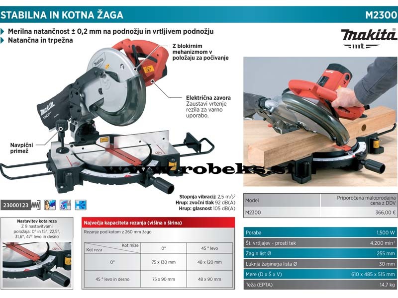 Stabilna in kotna žaga Makita M2300, 1.500W, 255mm, 14.7kg