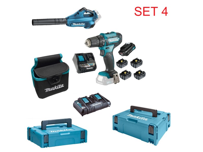 Makita akcijski set 4, Set DF333DNX11 (DC18RE, BL1021B, DF333DZ, 4xBL1850B, Makpac 1,2),  DC18RD, Puhalnik DUB362Z, Torbica za 2 bateriji