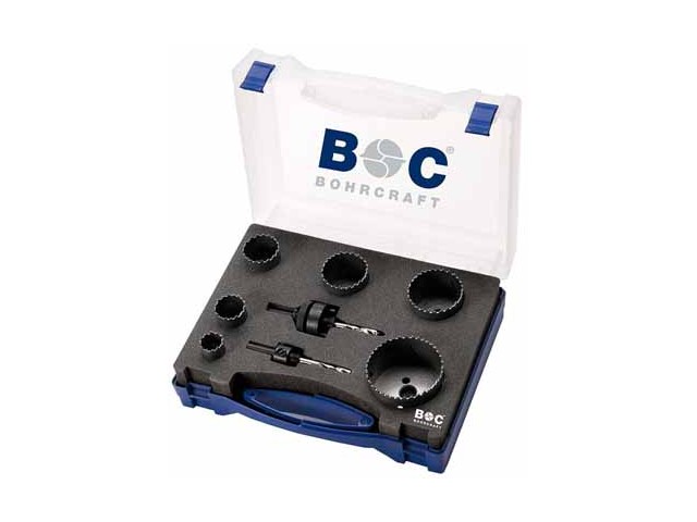 8-delni set Bi-metal HSS kronskih žag v plastični škatli, Dimenzije: 22-68mm+Adapterja AS11&AS33, 19001430006