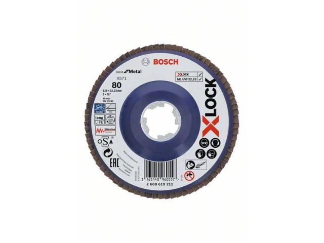 X-LOCK Bosch Lamelna brusilna plošča, ravna, plastična osnova, Best for Metal, Pakiranje: 10kos, Dimenzije: 125x22,23mm, Zrnatost: 80, 2608619211