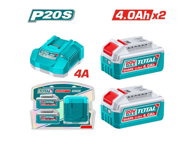 Komplet 2 kos. Litij-ionska baterija 4,0 Ah in polnilec Total 4.0Ah, 20V/P20S, INDUSTRIAL, TFBCPK2013E