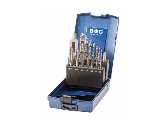 15-delni set kratkih strojnih navojnih svedrov Bohrcraft DIN 352 HSS-G, M v ABS škatli, M3-M12, 41201330015