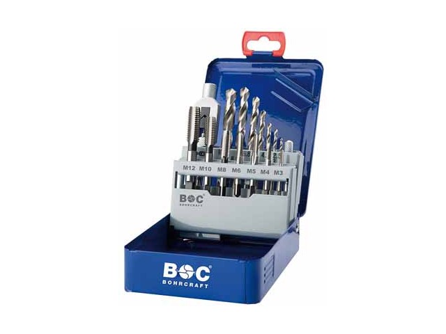 15-delni set kratkih strojnih navojnih svedrov Bohrcraft DIN 352 HSS-G, M v kovinski škatli, M3-M12, 41201410015