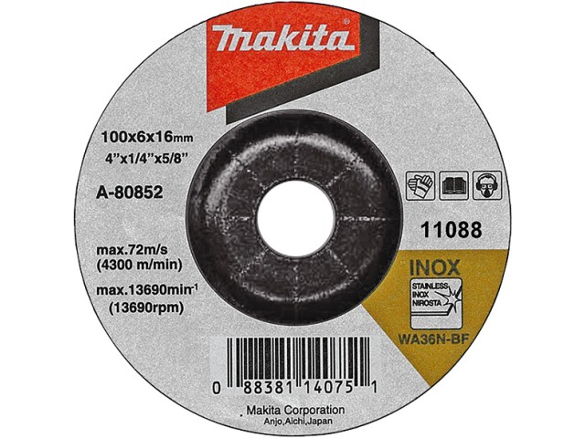 Vbočena brusilna plošča Makita, Dimenzije: 100x6x16mm, Zrnatost: 36, A-80852