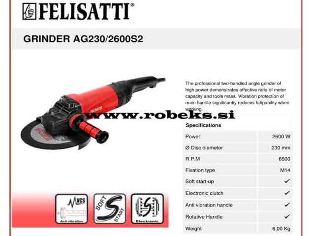 Električni kotni brusilnik Felisatti AG230/2600S2,230mm