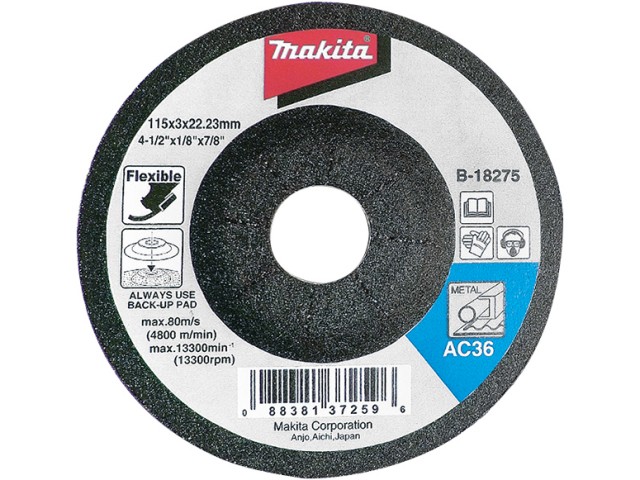Upogljiva brusilna plošča Makita, Dimenzije: 115x3x22,23mm, Zrnatost: 36, B-18275