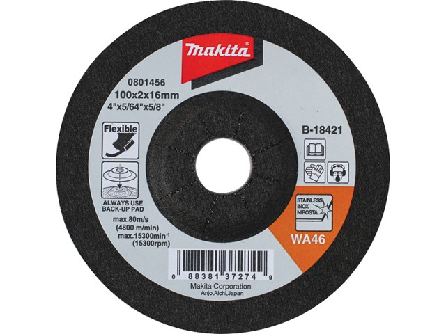 Upogljiva brusilna plošča Makita, za nerjaveče jeklo in jeklo, Dimenzije: 100x3x16mm, Zrnatost: 60, B-18487