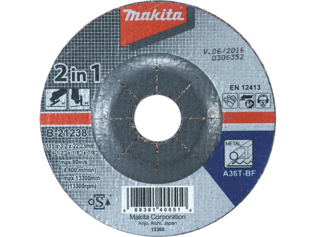 Vbočena brusilna plošča Makita, Dimenzije: 100x3,2x16mm, Zrnatost: 36, B-21222