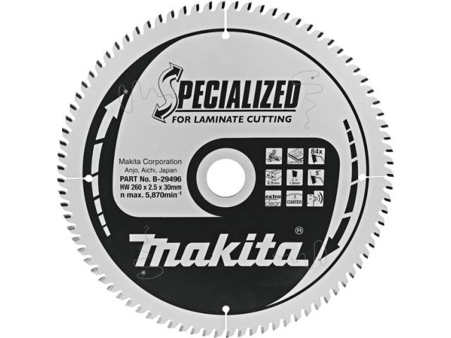 TCT žagin list Makita, za laminat, Dimenzije: 260x2,5x30mm, Zob: 84, B-29496