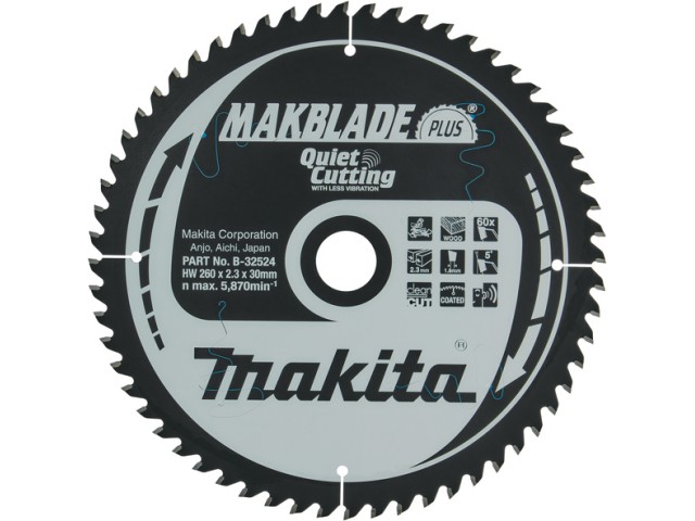 TCT MAKBlade Plus žagin list Makita, Dimenzije: 260x2,3x30mm, Zob: 60, B-32524