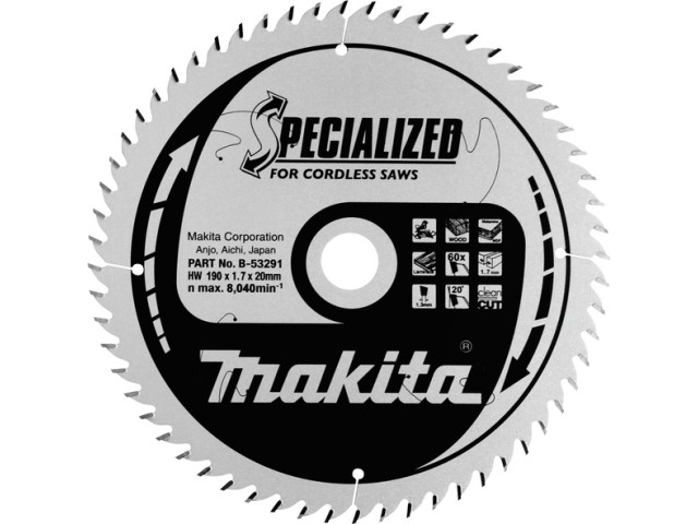 TCT žagin list Makita, za rezanje vezanih plošč, Dimenzije: 190x20mm, Zob: 60, B-53291