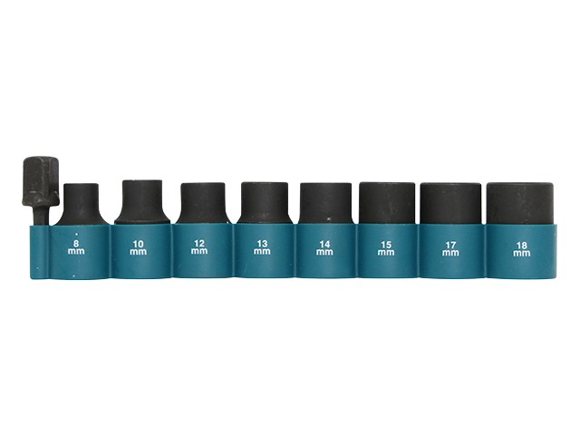 9-delni set natičnih nastavkov Makita 1/2'' z adapterjem, 8,10, 12, 13, 14, 15, 17, 18mm, B-54645