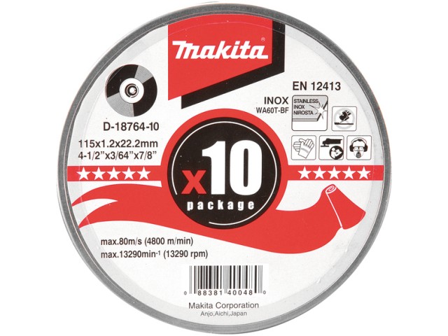 Rezalna plošča v kovinski škatli Makita, kovina, Dimenzije: 115x1.2x22.23mm, Pakiranje: 10kos, D-18764-10
