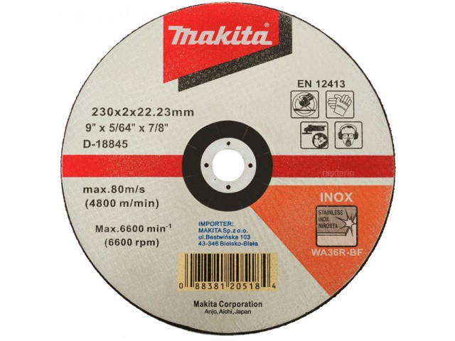 Brusilna plošča Makita za nerjaveče jeklo, Dimenzije: 230x2x22.23mm, D-18845