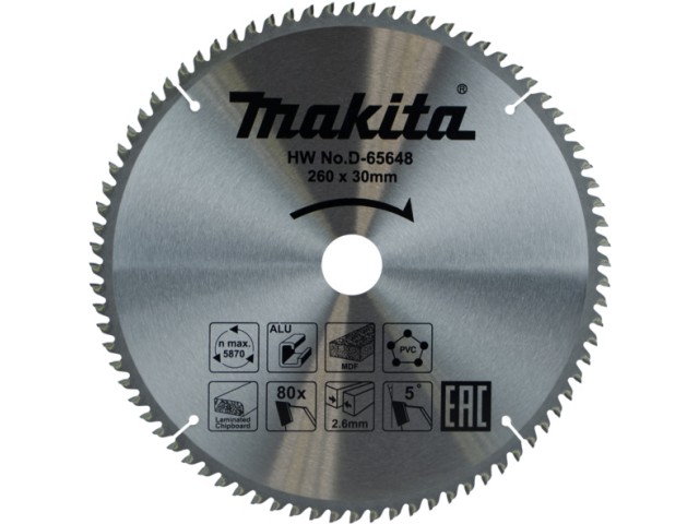 Žagin list Makita TCT, Dimenzije: 260x30x2.6mm, Zob: 80, D-65648