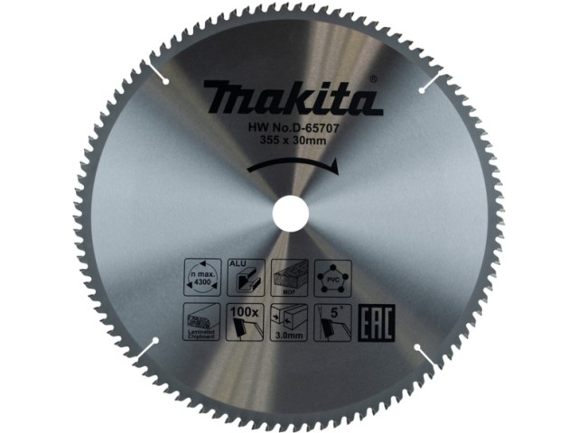 Žagin list Makita TCT, Dimenzije: 355x30x30mm, Zob: 100, D-65707