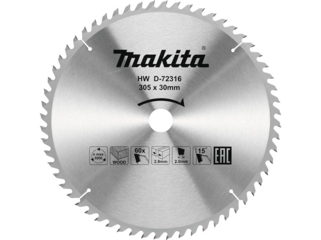 TCT žagin list za les Makita, Dimenzije: 305x30x2,8mm, Zob: 60, D-72316