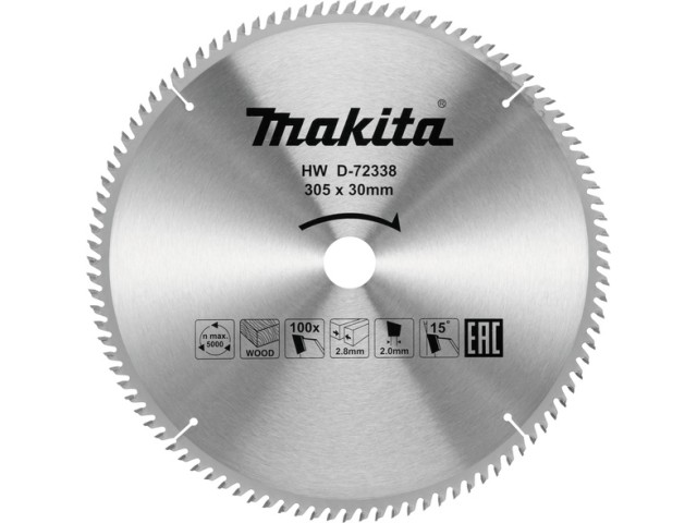 TCT žagin list za les Makita, Dimenzije: 305x30x2,8mm, Zob: 100, D-72338