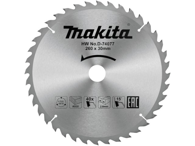 TCT žagin list za les Makita, Dimenzije: 260x30x2,6mm, Zob: 40, D-74077