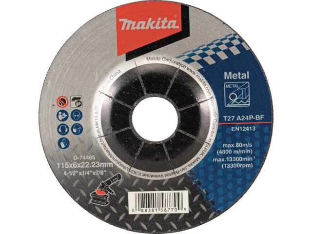 Vbočena brusilna plošča Makita za kovino, Dimenzije: 115x6x22,23mm, D-74485