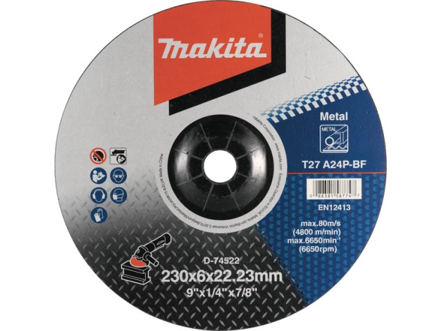 Vbočena brusilna plošča Makita za kovino, Dimenzije: 230x6x22,23mm, D-74522