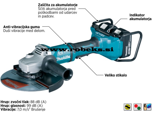 Akumulatorski kotni brusilnik Makita DGA900ZK, 2x18V