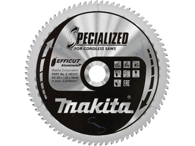 TCT EFFICUT žagin list Makita, Dimenzije: 260x1,85x30mm, Zob: 81, E-06323