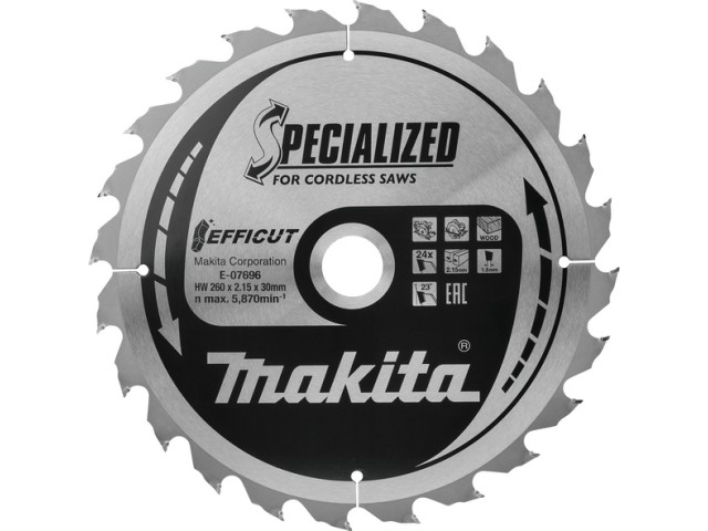 TCT žagin list Makita za les EFFICUT, Dimenzije: 260x2,15x30mm, Zob: 24, E-07696