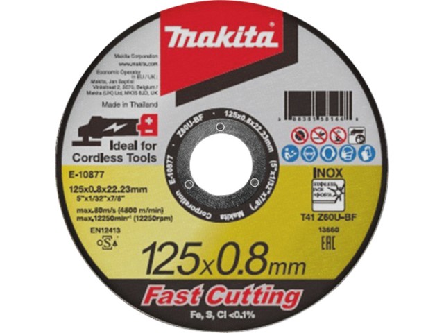 Tanka rezalna plošča Makita, za inox, Dimenzije: 125x0.8x22.23mm, E-10877