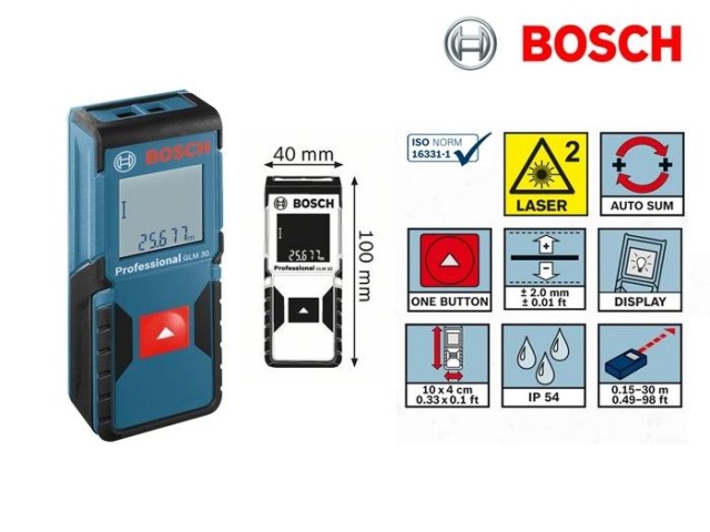 Laserski merilnik razdalj GLM 30 Bosch, 0,15 – 30,00m, 635Nm, < 1 mW, 0.09kg, 0601072500