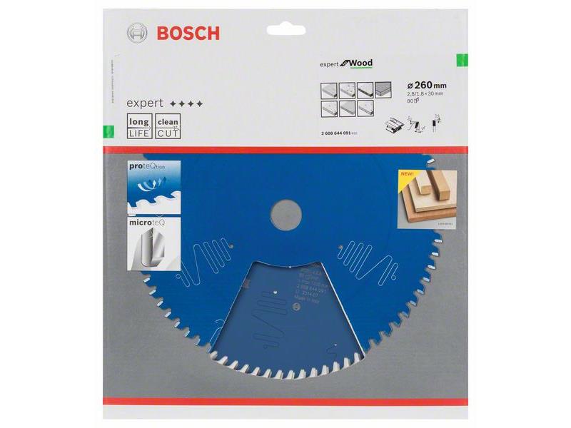 List za krožne žage Bosch Expert for Wood, Dimenzije: 260x30x2,8mm, Zob: 80, 2608644091