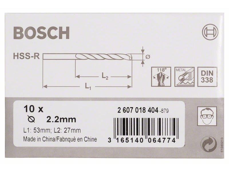 HSS Sveder za kovino Bosch DIN 338, Pakiranje: 10kos, Dimenzije: 2,2x27x53mm, 2607018404