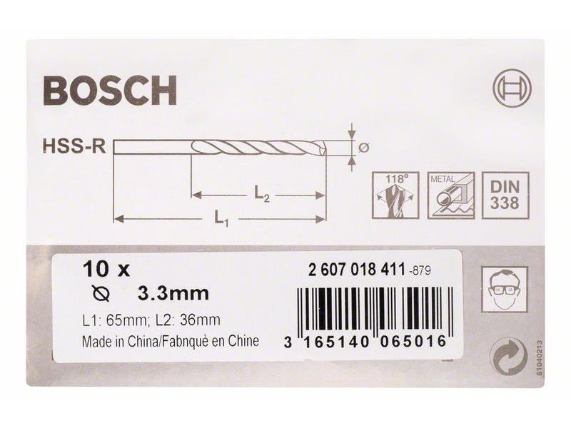 HSS Sveder za kovino Bosch DIN 338, Pakiranje: 10kos, Dimenzije: 3,3x36x65mm, 2607018411