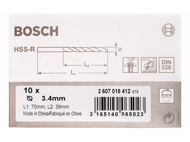 HSS Sveder za kovino Bosch DIN 338, Pakiranje: 10kos, Dimenzije: 3,4x39x70mm, 2607018412