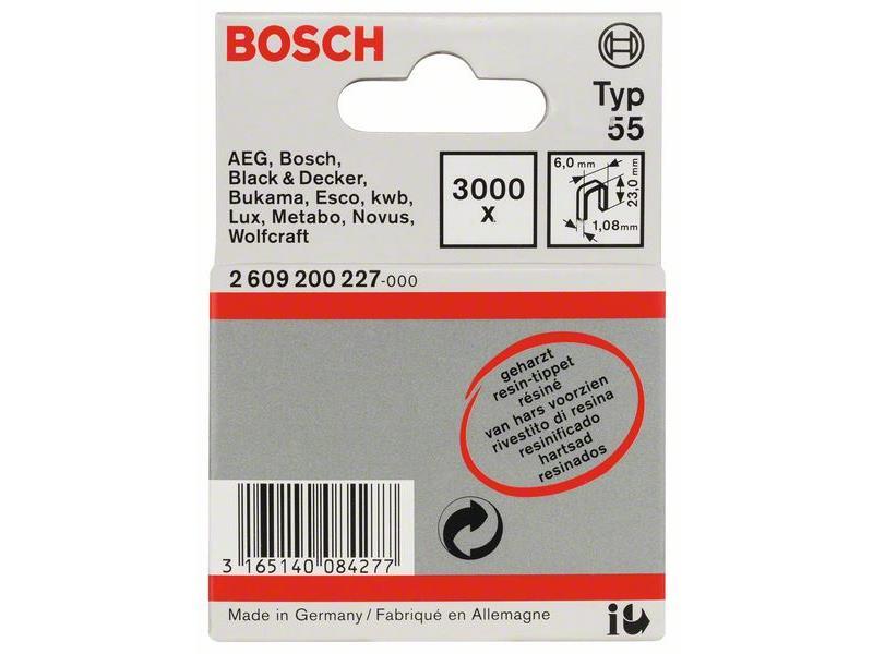 Sponka z ozkim hrbtnim delom Bosch, tip 55, zasmoljena, 6x1,08x23mm, 2609200227