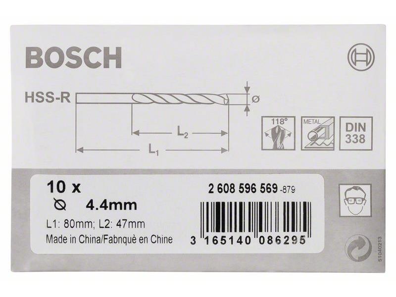 HSS Sveder za kovino Bosch DIN 338, Pakiranje: 10kos, Dimenzije: 4,4x47x80mm, 2608596569