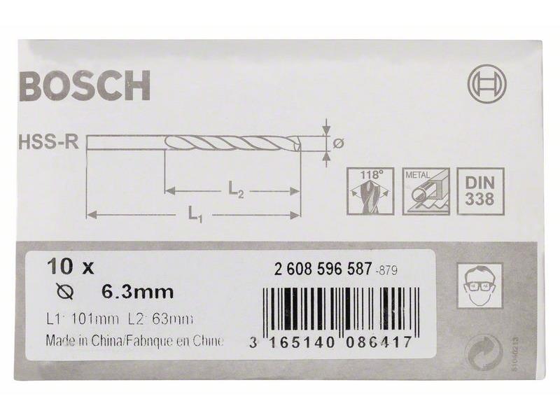 HSS Sveder za kovino Bosch DIN 338, Pakiranje: 10kos, Dimenzije: 6,3x63x101mm, 2608596587