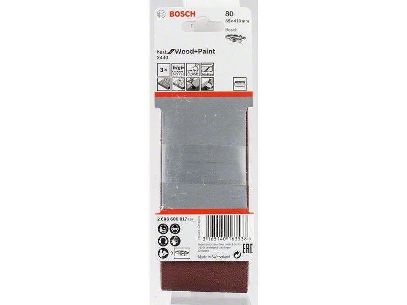 3-delni komplet brusilnih trakov Bosch X440, Dimenzije: 65 x 410 mm, Zrnatost: 80, 2608606017