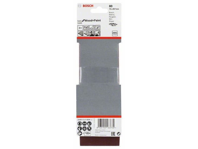 3-delni komplet brusilnih trakov Bosch X440, Dimenzije: 75 x 457 mm, Zrnatost: 80, 2608606034