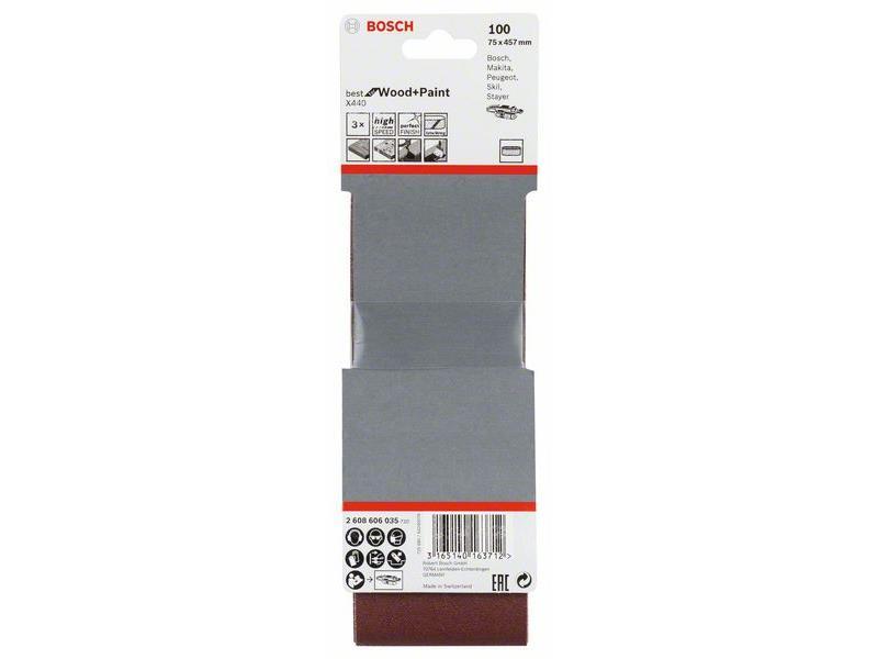 3-delni komplet brusilnih trakov Bosch, Dimenzije: 75x457mm, Zrnatost: 100, 2608606035