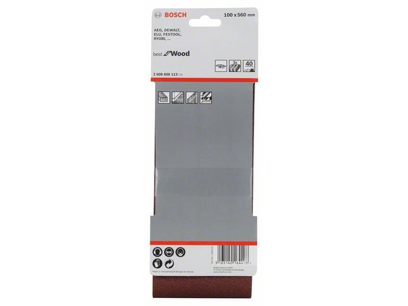 3-delni komplet brusilnih trakov Bosch, Dimenzije: 100x560mm, Zrnatost: 40, 2608606113