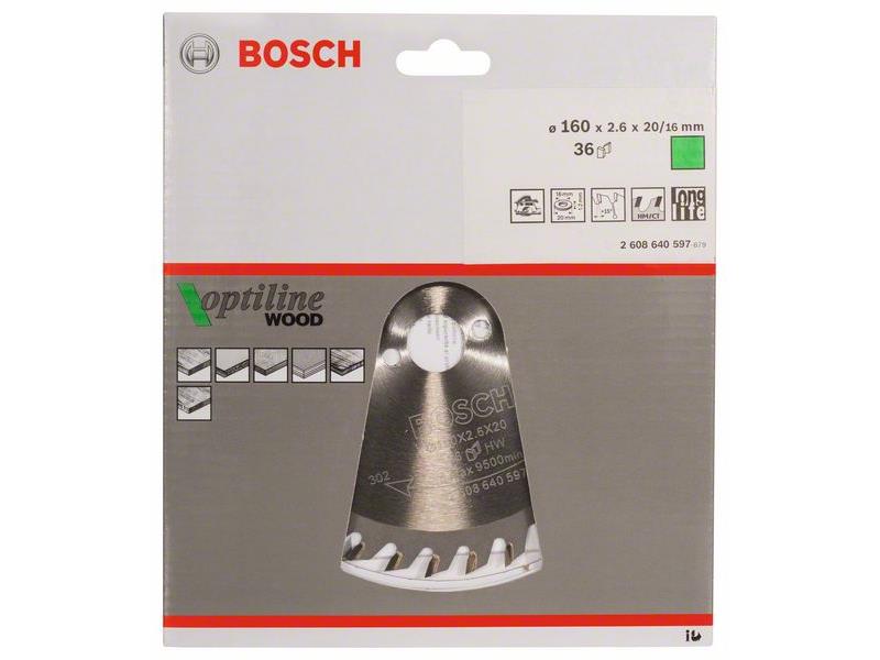 List krožne žage, Bosch Optiline Wood, Dimenzije: 160 x 20/16 x 2,6 mm, 36 zob, 2608650597