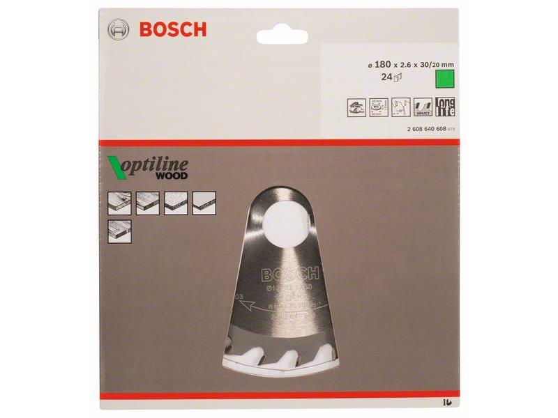 List krožne žage Bosch Optiline Wood, Dimenzije: 180x30/20x2,6mm, Zob: 24, 2608640608