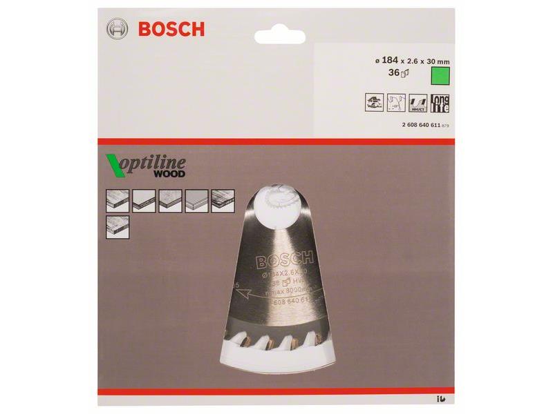List krožne žage Bosch Optiline Wood, Dimenzije: 184x30x2,6mm, Zob: 36, 2608640611