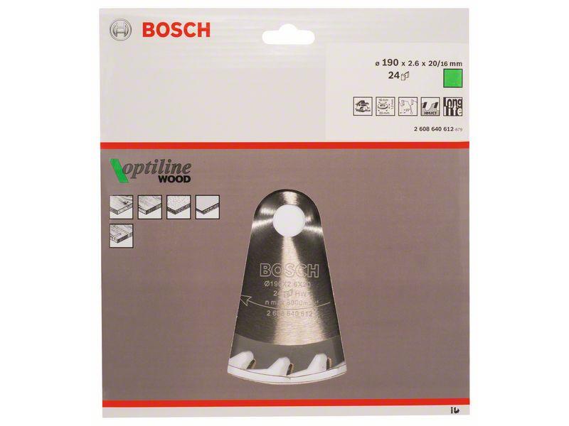 List krožne žage Bosch Optiline Wood, Dimenzije: 190x20/16x2,6mm, Zob: 24, 2608640612