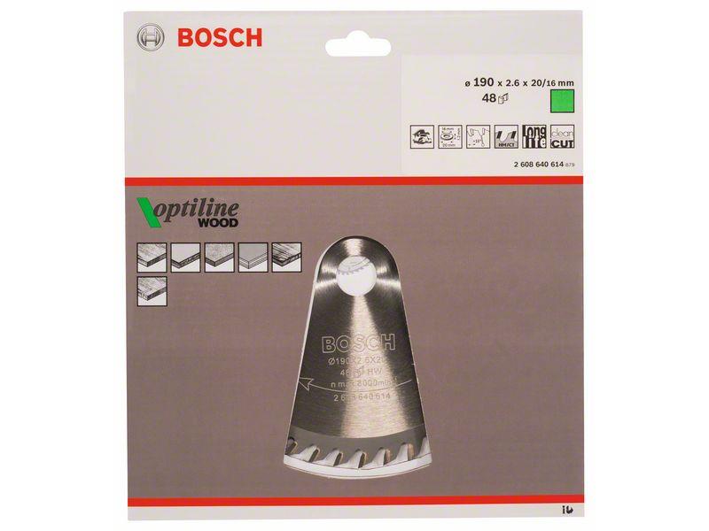 List krožne žage Bosch Optiline Wood, Dimenzije: 190x20/16x2,6mm, Zob: 48, 2608640614