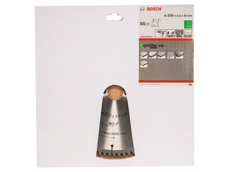 List krožne žage Bosch Optiline Wood, Dimenzije: 250x30x3,2 mm, Zob: 80, 2608640660